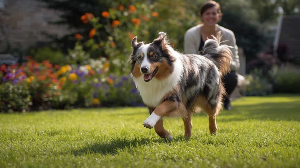 berger australien qui court dans le jardin pour se dépenser a cote de son maitre Berger australien qui court dans le jardin pour se dépenser a cote de son maitre