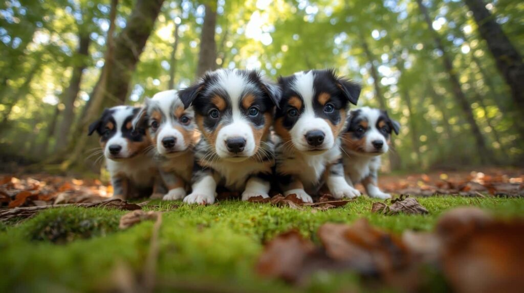 plusieurs chiots berger australien cote à cote dans la foret Plusieurs chiots berger australien cote à cote dans la foret