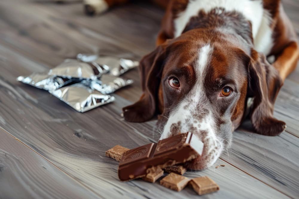 Chien avec une barre de chocolat