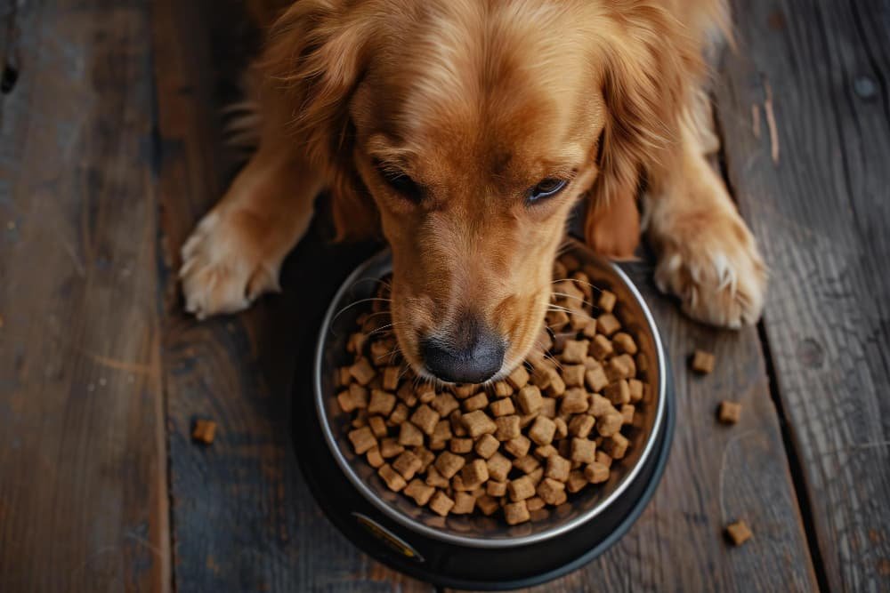 Un chien mangeant un bol de croquettes