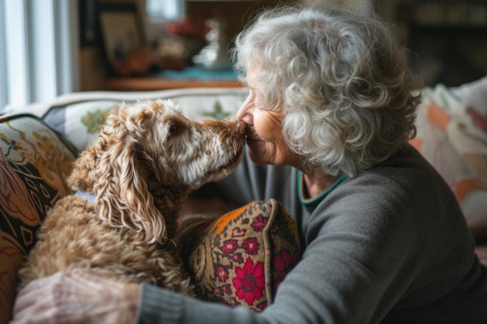 Une femme heureuse jouant avec un chien sur le canapé Une femme heureuse jouant avec un chien sur le canapé