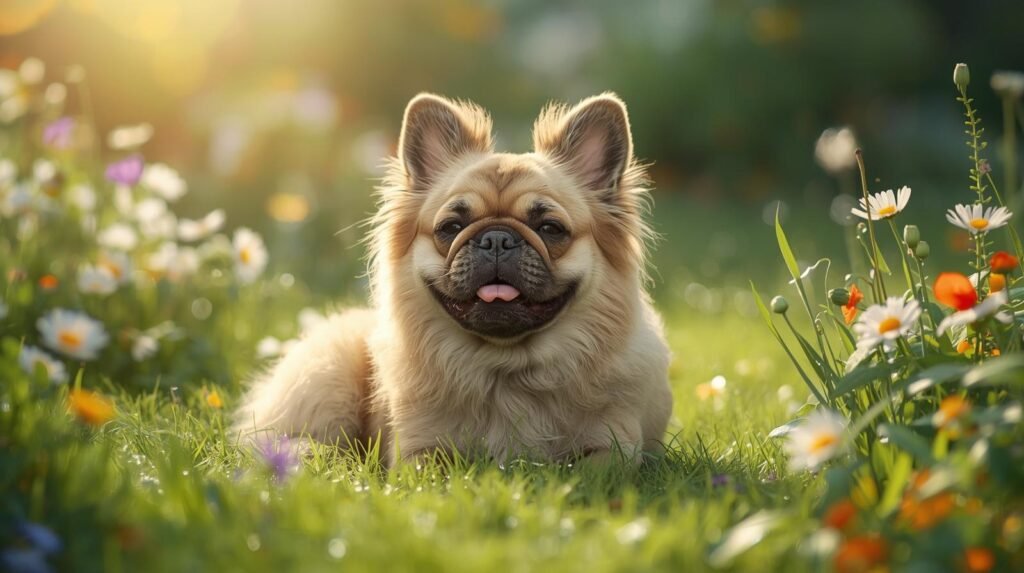 Bouledogue francais fluffy poil long dans le jardin