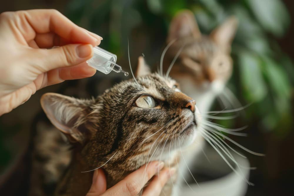 Application de gouttes oculaires contre les allergies aux chats