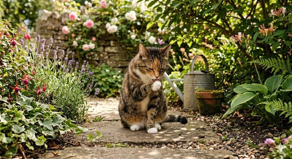 Chat se lave les pattes de devant