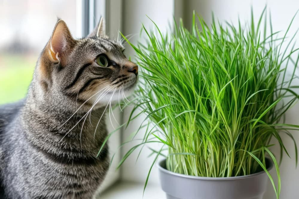 Un chat curieux regarde une plante
