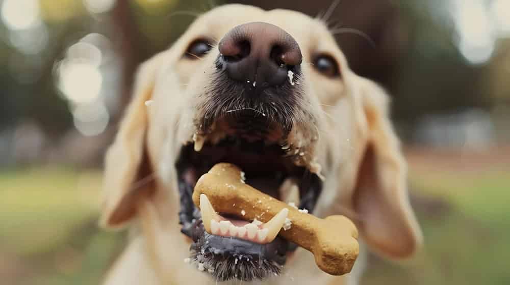 Un chien avec un os dans la bouche