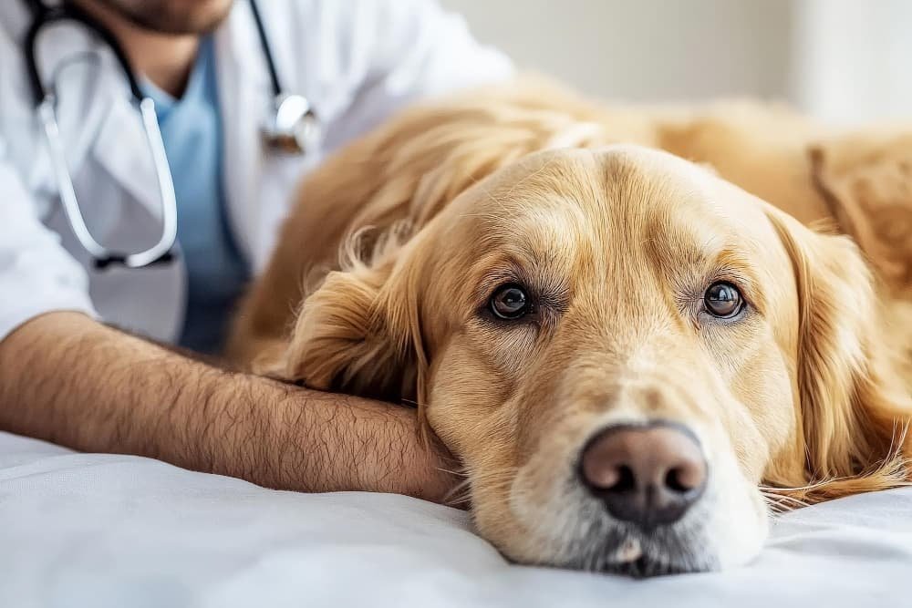 Vétérinaire réconforte un chien anxieux pendant un examen
