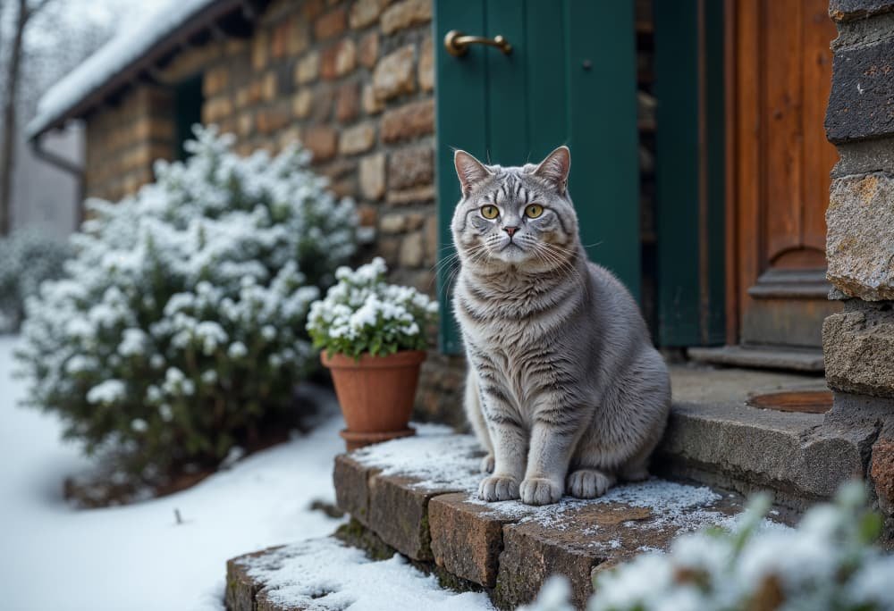 Chat devant la porte dans un environnement enneigé