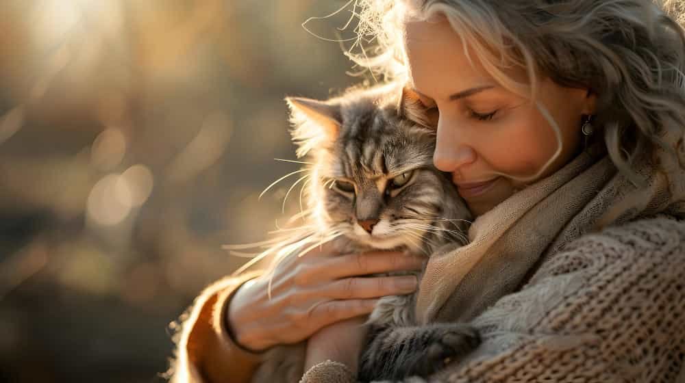 Femme fait un calin au chat