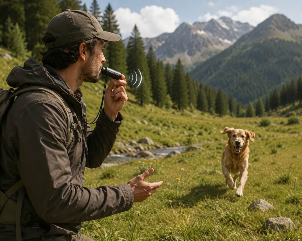 Homme appel son chien avec un sifflet ultrason