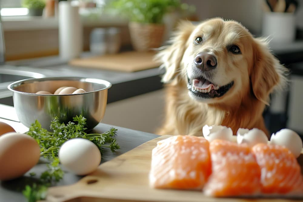 Chien qui se tient à côté de la nourriture